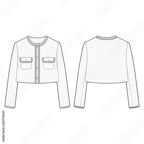 Womens Cropped Tweed Jacket with Collarless Round Neck and Flap Patch Pockets Fashion Flat Sketch Front and Back Technical Drawing