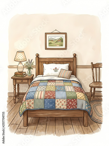 Cozy Rustic Bedroom Illustration with Patchwork Quilt