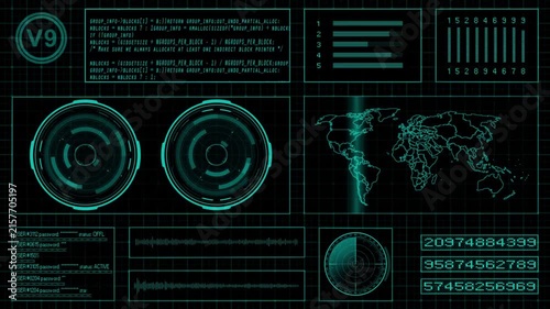 Futuristic Cyber Security HUD Interface Screen with World Map Data and Code Programming