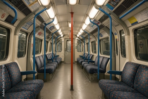 Empty modern subway train interior.