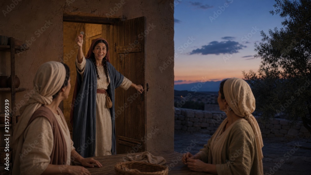 Fototapeta premium Woman rejoicing after finding a lost coin and sharing the news with friends at her ancient home. Biblical parable of the lost coin from the Gospel of Luke, faith and redemption concept.