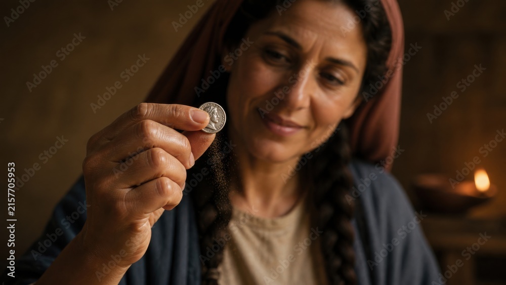 Fototapeta premium Woman holding a recovered coin beside a candle. Biblical parable of the lost drachma symbolizing diligent search, spiritual redemption, repentance, and heavenly joy from Luke 15.