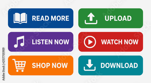 Flat vector illustration of buttons for online actions like read more, upload, listen, watch, shop, and download, representing digital user interface elements