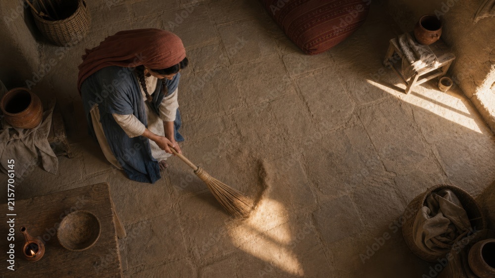 Fototapeta premium Biblical woman sweeping a humble room while searching for a lost coin. Parable of the lost drachma from the Gospel of Luke. Faith, repentance and joyful redemption concept.