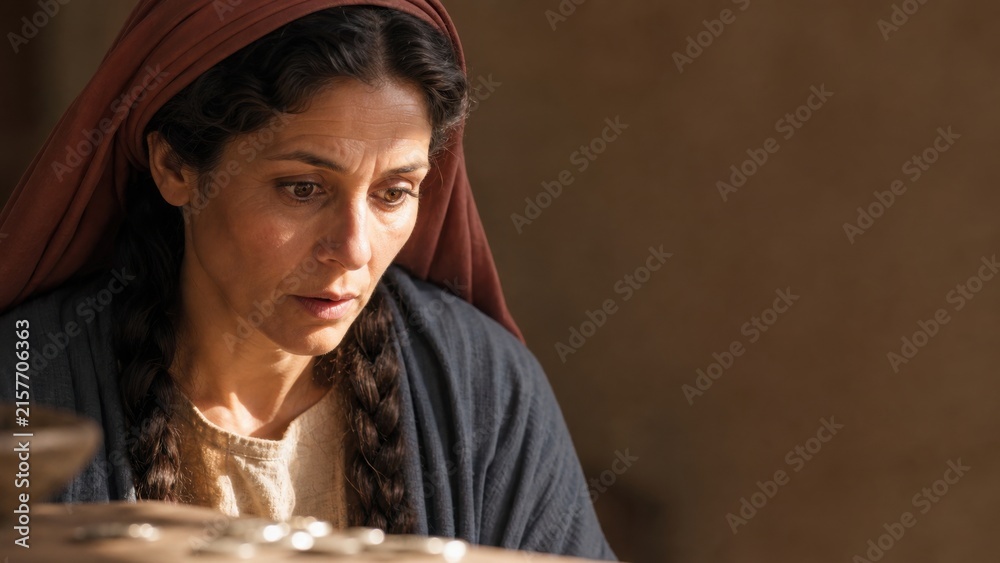 Fototapeta premium Woman searching for a lost drachma by candlelight. Biblical parable of the lost coin depicting careful search, spiritual repentance, salvation, and joy in heaven. Copy space