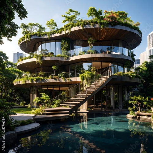 Tropical resort with wooden villa and infinity pool.