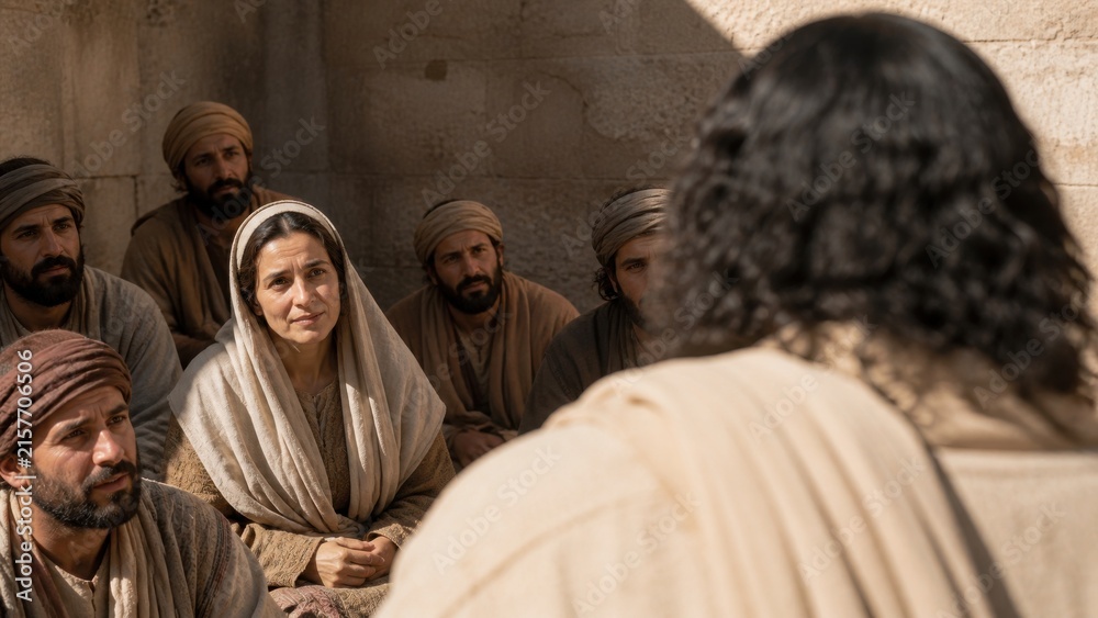 Fototapeta premium Jesus teaching a woman and men in a biblical stone room. Parable of the lost coin, repentance, forgiveness, faith, and joy in heaven from the Gospel of Luke.