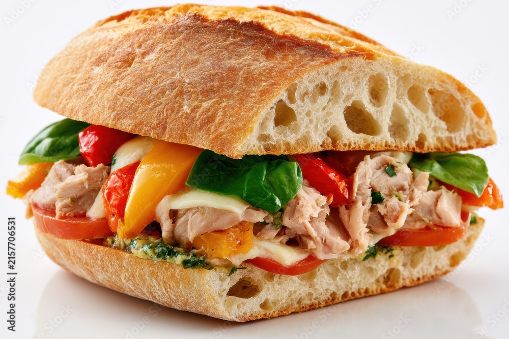 Obraz premium Rustic Mediterranean ciabatta sandwich filled with flaky tuna, roasted bell peppers, fresh basil, sliced tomato, melted cheese, and creamy herb pesto on a white background