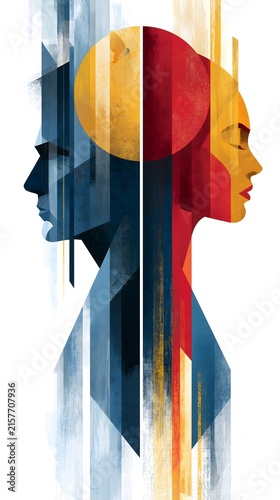 Abstract male and female profile silhouettes with geometric shapes, duality concept illustration