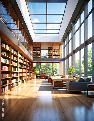 Modern glass atrium with wooden staircase and seating area.