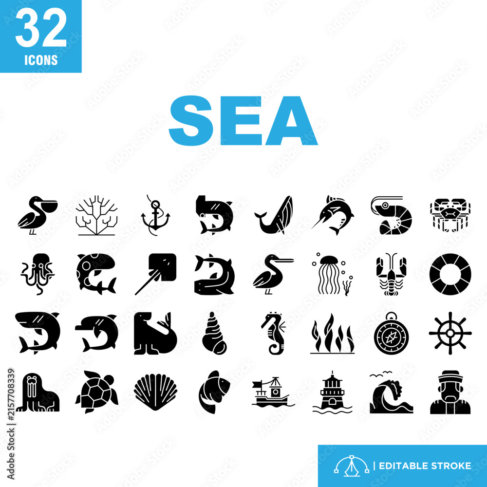 Fototapeta premium Set of Glyph Icons of SEA.