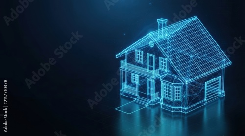 Glowing blue 3D wireframe smart home showcases AI-driven architecture with dark tech background perfect for digital innovation marketing and futuristic tech visuals.