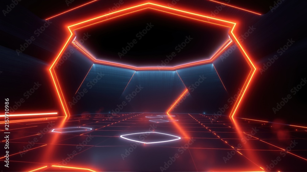 Fototapeta premium Futuristic space. Neon lights form geometric shapes. Dark background emphasizes glowing lines, creating digital atmosphere.