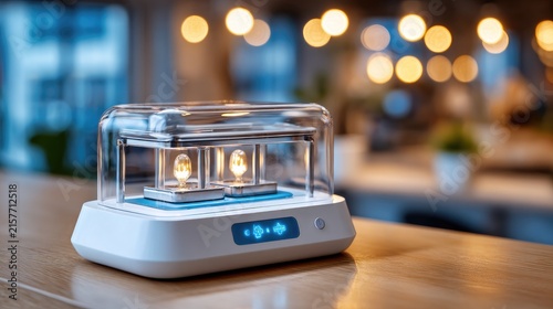 Smart Home Device on Table: A modern smart home device with a digital display and illuminated interior sits on a wooden table in a softly blurred background.