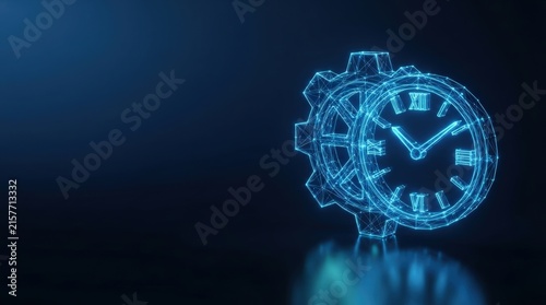 Glowing blue 3D wireframe gear clock symbolizing advanced AI, digital science, and high-tech innovation against dark tech background perfect for stock.