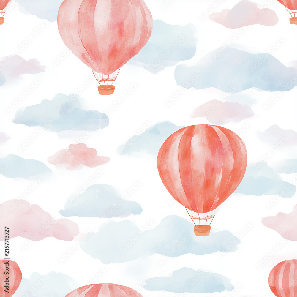 Obraz premium Coral Hot Air Balloons and Clouds Watercolor Seamless Pattern