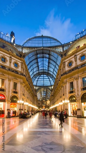 Historic European city street with grand glass arcade.