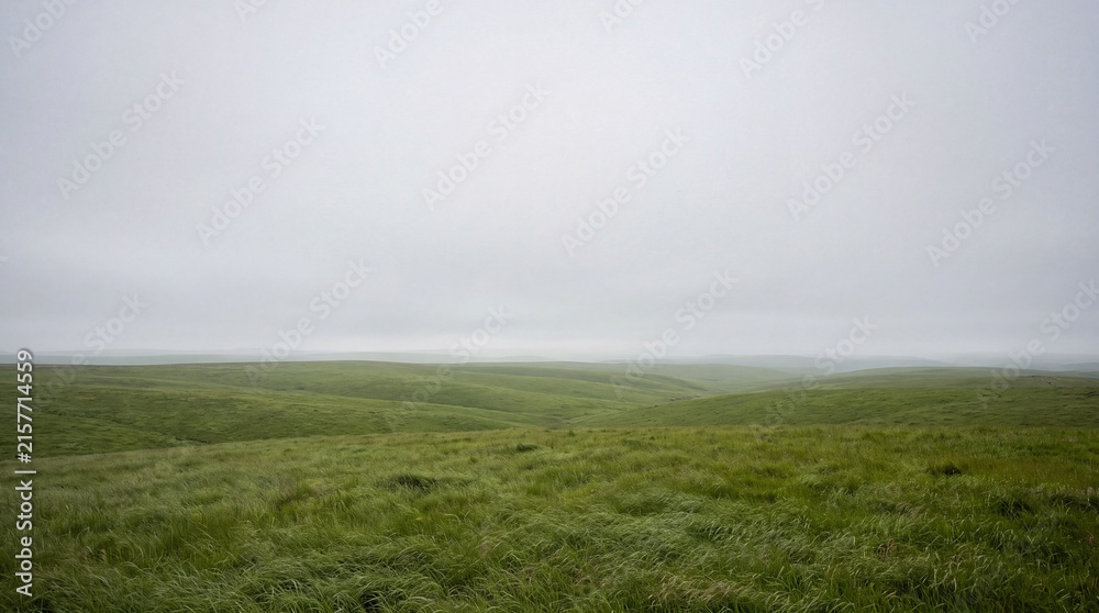 Fototapeta premium Misty rolling green hills stretch across open countryside under grey sky