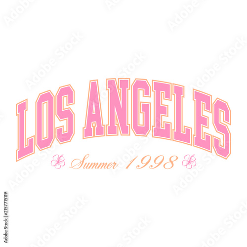 Retro pink Los Angeles varsity arch typography with Summer 1998 script and hibiscus flowers. Perfect for Y2K aesthetic apparel, preppy streetwear, trendy tee prints, and nostalgic graphic designs