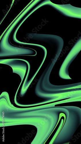 Abstract emerald green liquid wave background, smooth glowing fluid swirl on black
