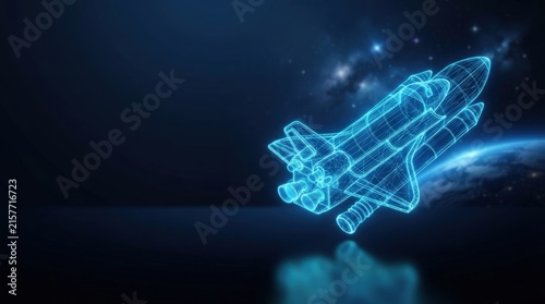Glowing blue 3D spacecraft wireframe soars through cosmic space, ideal for AI, digital innovation, and futuristic tech visuals with sleek design and deep cosmic background.