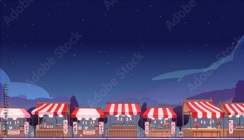 星空の下に赤白ストライプの屋台が並ぶ日本の縁日・お祭りの夜景イラスト