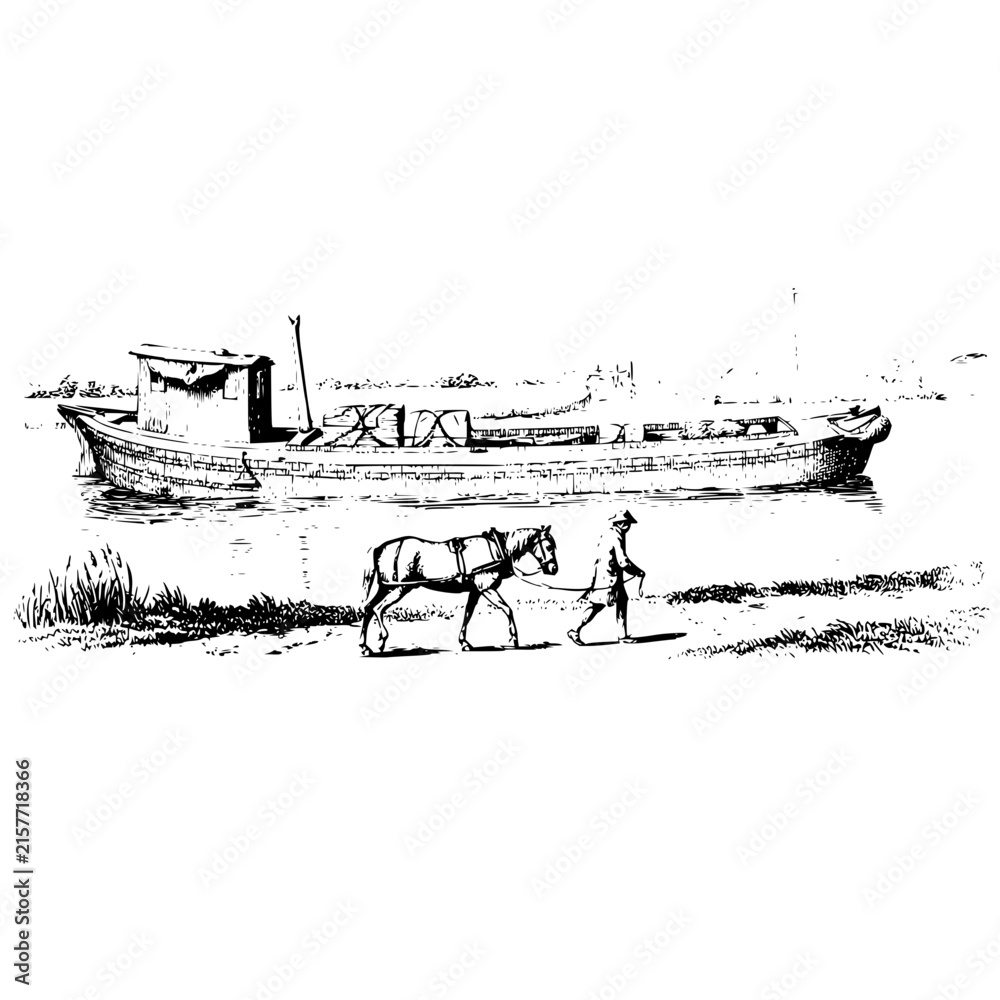 Obraz premium Antique line art illustration of a river barge and a person leading a horse along the shore