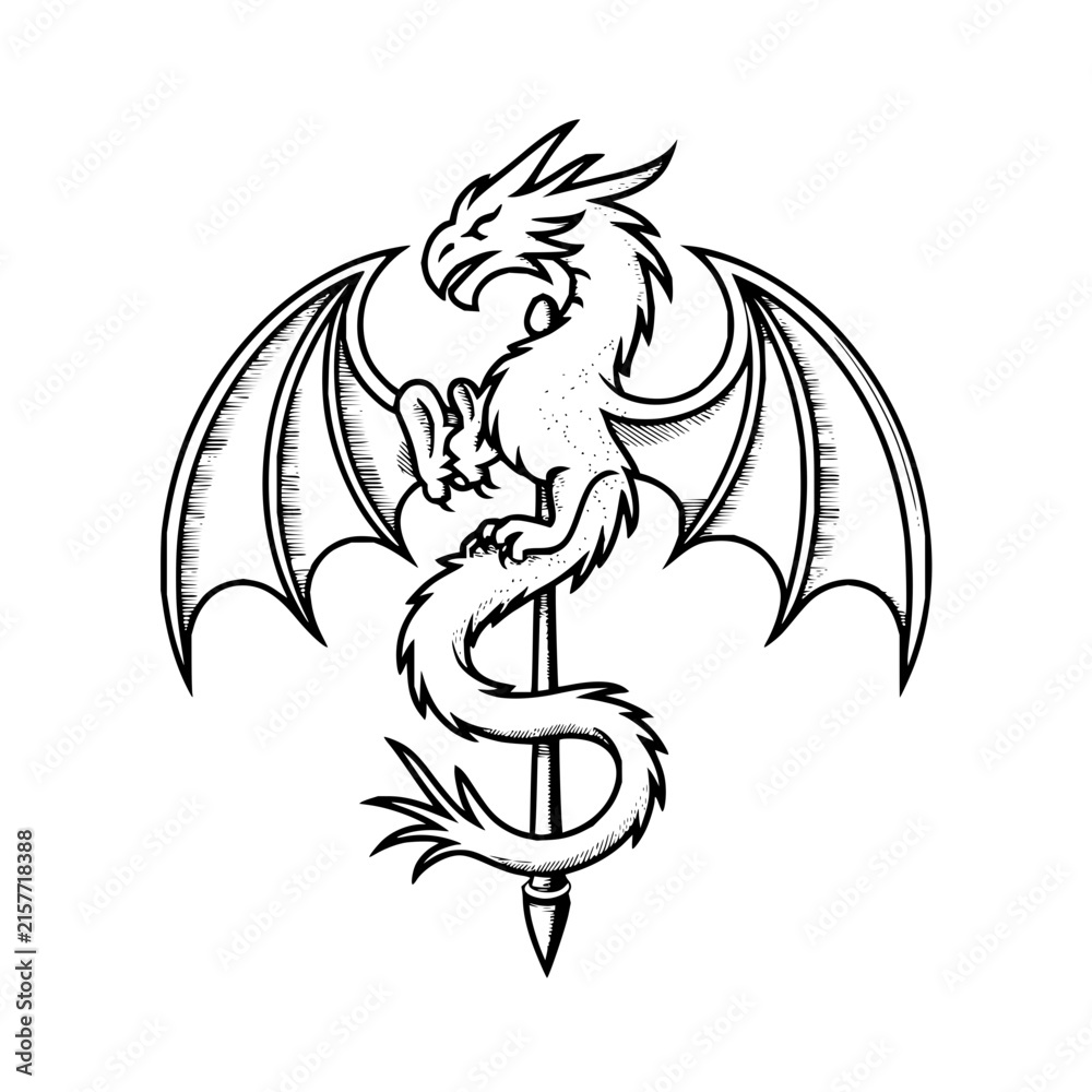 Obraz premium Mythical winged dragon wrapped around a central pole in a clean black and white line art style