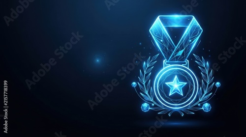 Stunning 3D glowing blue wireframe medal symbolizing AI excellence, perfect for digital innovation, tech presentations, and futuristic project visuals.