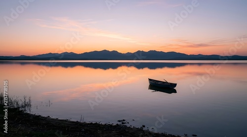 Small wooden boat floating on a calm lake during a peaceful sunset landscape