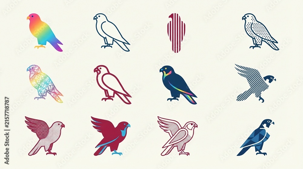 Fototapeta premium Collection of stylized bird illustrations showcasing various colors and patterns on a light background
