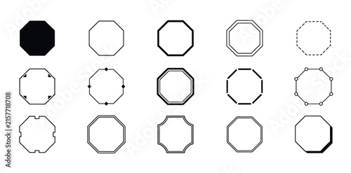 Set of fifteen different geometric octagon frames and border designs for decorative labels and minimalist graphic projects