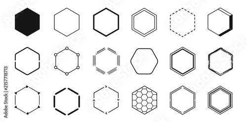 Set of various hexagonal and geometric frames for logos badges and design elements in black and white style