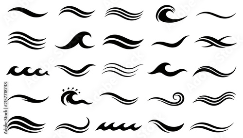 Set of black and white wave icons representing water movement and ocean flow for graphic design projects