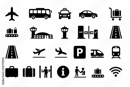 Airport and transportation icons set. Travel symbols for navigation and logistics design.