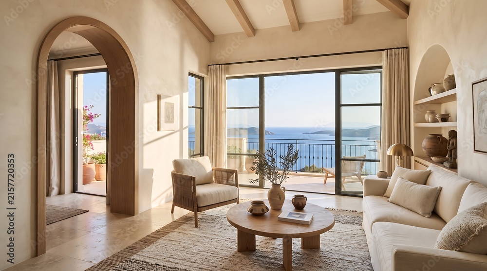 Fototapeta premium Coastal living room interior with Mediterranean style and panoramic ocean sea view