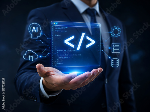 Artificial intelligence concept with code display in a businessmans hand and digital network