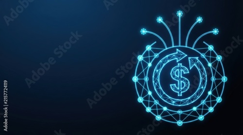 Glowing blue wireframe visual of digital currency circulating in a high-tech blockchain network, ideal for AI, finance, and innovation projects.