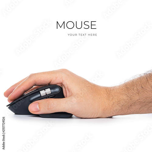 Male hand with modern computer mouse isolated on white background