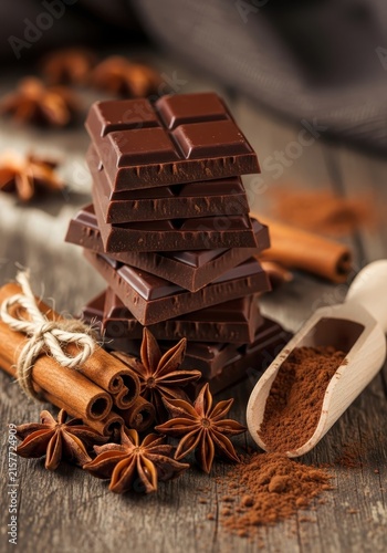 Stack of Dark Chocolate Pieces with Cinnamon Sticks, Star Anise, and Cocoa Powder on Rustic Wooden Background