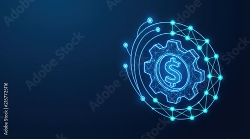 Glowing blue wireframe gear with dollar symbol symbolizes cutting-edge AI-driven digital currency and blockchain innovation for high-tech projects.