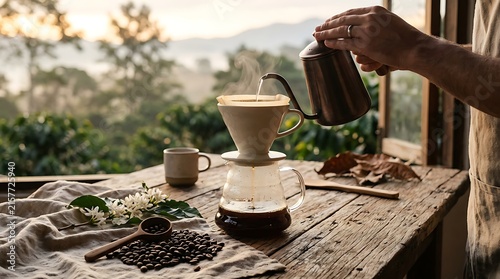 Pour Over Coffee Brewing with Mountain Sunrise View