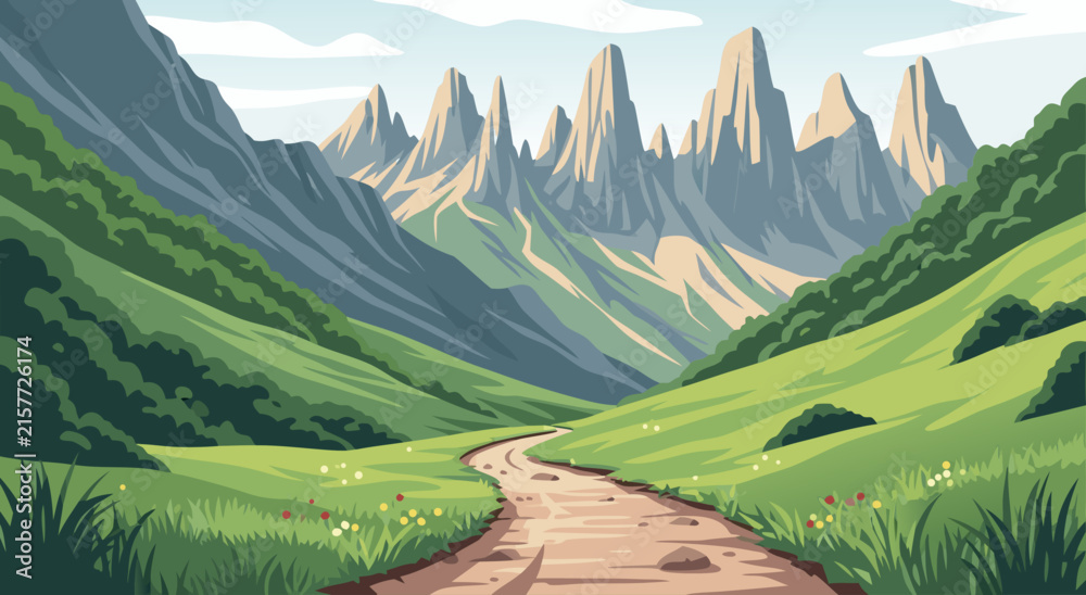 Fototapeta premium Illustration of a winding dirt path through a lush green valley with majestic mountain peaks in the background, a scenic outdoor landscape view