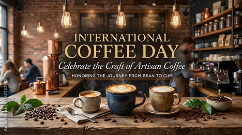 International Coffee Day Banner with Artisan Latte and Beans