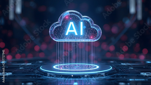Cloud and edge computing technology data transfer concept. A large cloud icon is in the center, Ai Brain Cloud Big data, network, Science and futuristic ai cloud background concept.
