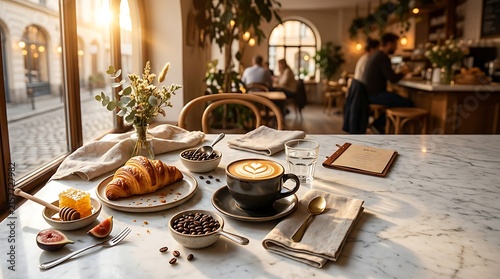 Sunlit Morning Coffee and Croissant on Marble Table in a Cozy Cafe