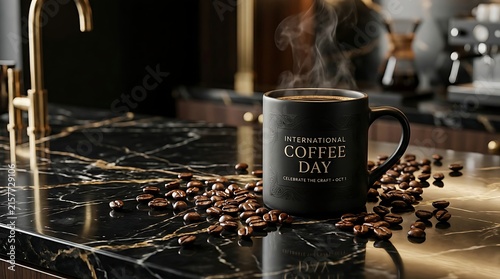 Steaming Black Mug for International Coffee Day on Marble Counter
