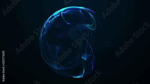 Blue translucent energy sphere floating on a dark background. Abstract glowing orb with soft light ribbons, transparent mesh texture and futuristic motion.