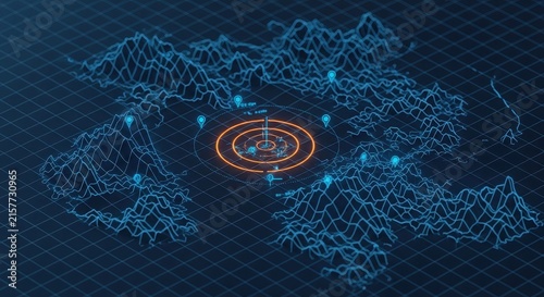 Futuristic 3D Digital Terrain Map with HUD Interface and Radar Target for Data Visualization and Technology Concepts