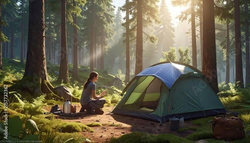 Tent camping in dense forest wilderness.